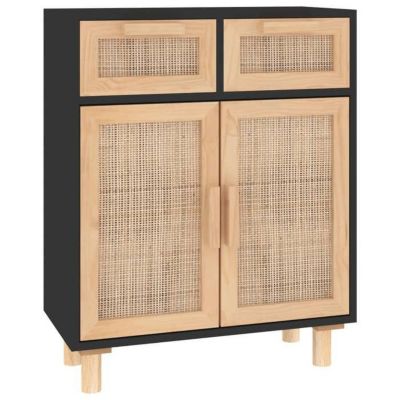 vidaXL Buffet Noir 60x30x75 cm Bois de pin massif et rotin naturel 345637