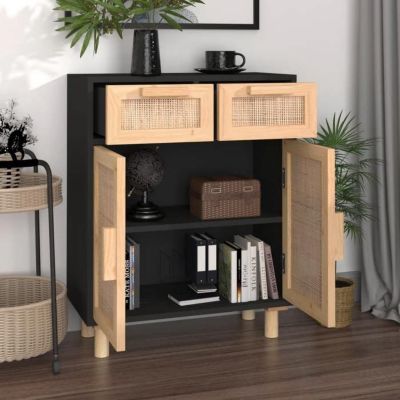 vidaXL Buffet Noir 60x30x75 cm Bois de pin massif et rotin naturel 345637