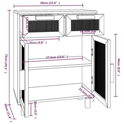 vidaXL Buffet Noir 60x30x75 cm Bois de pin massif et rotin naturel 345637