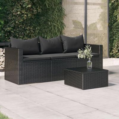 vidaXL Canapé de jardin à 3 places avec coussins noir résine tressée 362327