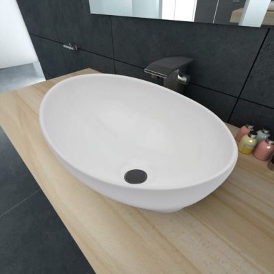 vidaXL Lavabo en Forme Ovale Céramique Blanc Lave-mains Vasque Salle de Bain 140674