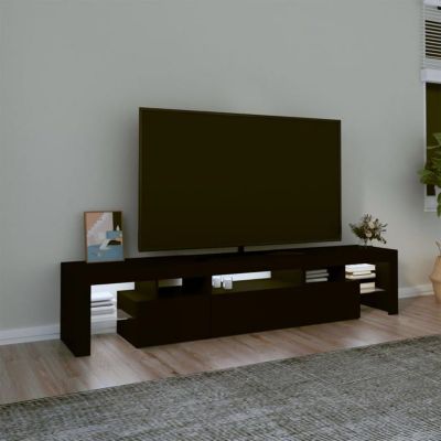 MISNODE Meuble TV LED, Meuble TV Blanc et Bois, 200 cm Longueur, Meuble Tele Design avec Lumières LED, Rangement Pratique, Banc TV pour Salon ou Chambre, 200x39x42 cm (Blanc