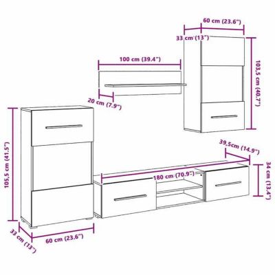 vidaXL Meuble TV Mural avec Éclairage LED 5 Pièces, Armoire de Télévision avec Compartiment, Meuble Télé de Salon Intérieur, 24386