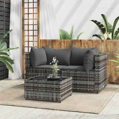 vidaXL Salon de jardin 3 pcs avec coussins Gris Résine tressée, ensemble de salon d'extérieur, ensemble de mobilier 319763