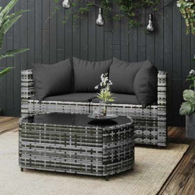 vidaXL Salon de jardin 3 pcs avec coussins Gris Résine tressée, ensemble de salon d'extérieur, ensemble de mobilier 319775