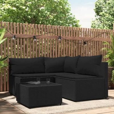 vidaXL Salon de jardin 4 pcs avec coussins Noir Résine tressée, ensemble de salon d'extérieur, ensemble de mobilier 319781