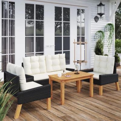 vidaXL Salon de jardin 4 pcs et coussins Résine tressée et bois massif, ensemble de salon d'extérieur, ensemble de meubles 319689