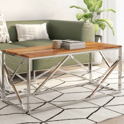 vidaXL Table basse argenté acier inoxydable et bois massif d'acacia 349943