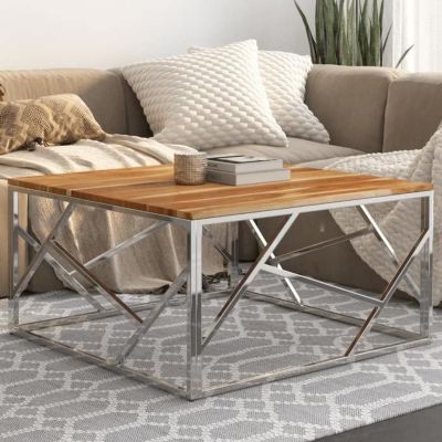 vidaXL Table basse argenté acier inoxydable et bois massif d'acacia 349951