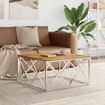 vidaXL Table basse argenté acier inoxydable et bois massif d'acacia 349975