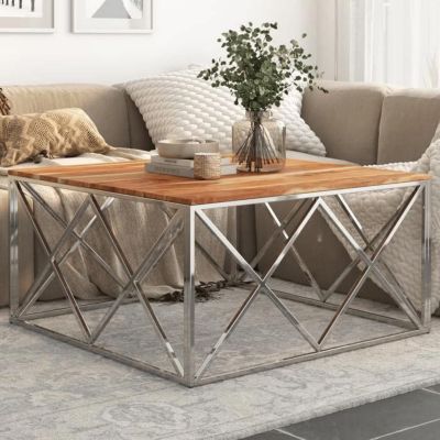 vidaXL Table basse argenté acier inoxydable et bois massif d'acacia 349983