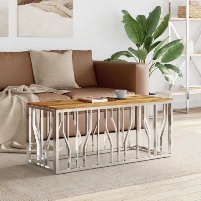 vidaXL Table basse argenté acier inoxydable et bois massif d'acacia 350055