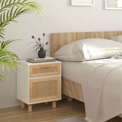 vidaXL Table de chevet Blanc Bois de pin massif et rotin naturel 345606