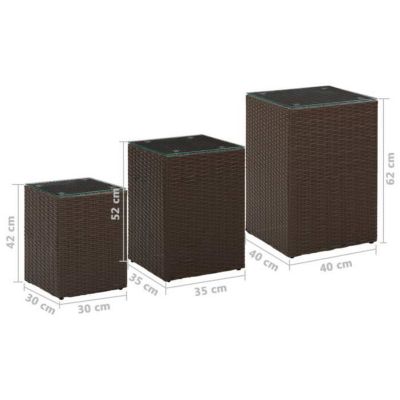vidaXL Tables d'appoint 3 pcs et dessus en verre Marron Résine tressée