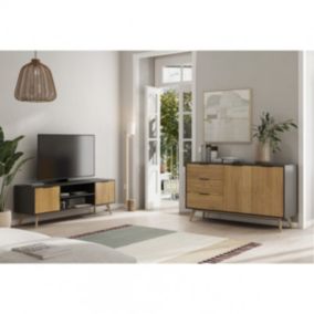 VIKOV - Pack Salon Scandinave Meuble TV 140cm + Buffet 140cm 2 Portes en Pin Massif