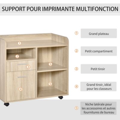 Vinsetto Support d'imprimante - caisson organiseur bureau - 3 niches, 2 tiroirs, grand plateau - panneaux particules chêne clair