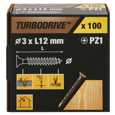 Vis à bois Turbodrive Premium pozidriv zinguée jaune 3x12 mm - 100 pièces