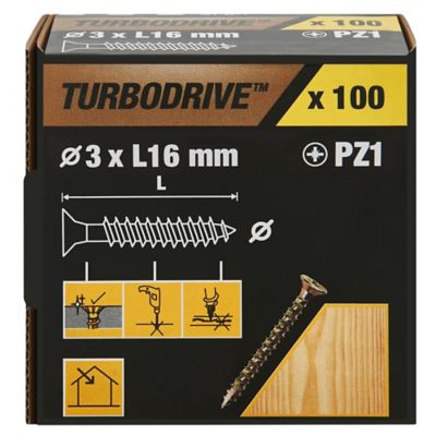 Vis à bois Turbodrive Premium pozidriv zinguée jaune 3x16 mm - 100 pièces