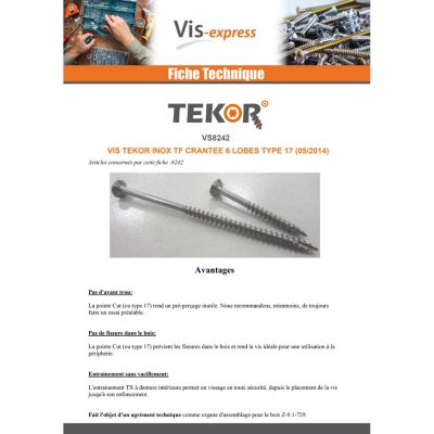 Vis bois TEKOR Inox A2 Tête fraisée Cranté TORX T25 5X90 Filetée sur 60 Pointe antifendage type 17 - 1 pièce