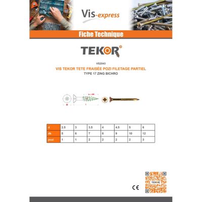 Vis bois TEKOR Tête fraisée Pozi numéro 2 5X60 Filetage partiel Pointe antifendage type 17 Bichromaté - 1 pièce