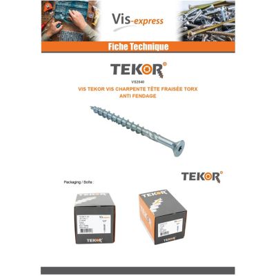 Vis charpente TEKOR Tête fraisée Cranté TORX T25 5X90 Filetée sur 47 Pointe antifendage type 17 Acier zingué - 1 pièce