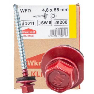 Vis de toiture Klimas WFD pour tôle trapézoïdale sur bois RAL 3011 Rouge brun 4,8x55 mm 200 pcs