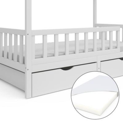 Vitalispa Lit Cabane Design, Blanc/gris, 70x140 Cm Avec Tiroirs Et Matelas 93187831