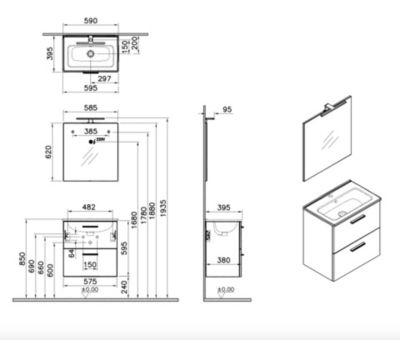 Vitra  Mia ensemble avec meuble préassemblé 59x61x39,5 cm + miroir + lavabo céramique + éclairage LED, chêne (MIASET60D)