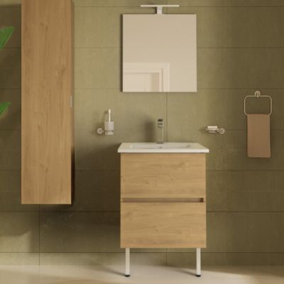 VitrA Pack meuble 60cm chêne doré 2 tiroirs Mia Plus Square, plan céramique, miroir avec éclairage Led