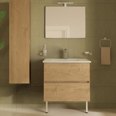 VitrA Pack meuble 80cm chêne doré 2 tiroirs Mia Plus Square, plan céramique, miroir avec éclairage Led