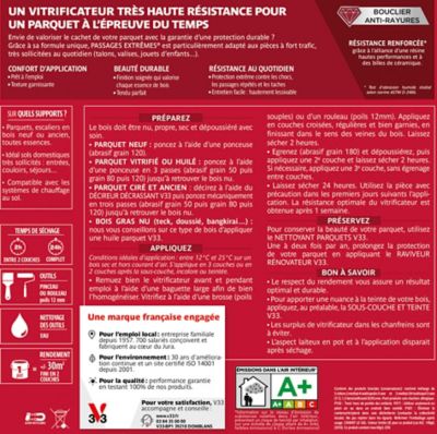 Vitrificateur parquet et plancher Passage extrêmes incolore satin V33 5L +20% gratuit
