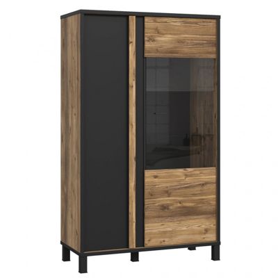 Vitrine 159 cm 2 portes décor bois et noir et pieds noir - CELIA