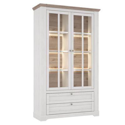 Vitrine 2 portes 2 tiroirs éclairage LED décor blanchi - ANGELE