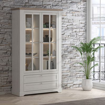 Vitrine 2 portes 2 tiroirs éclairage LED décor blanchi - ANGELE