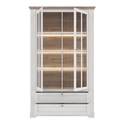 Vitrine 2 portes 2 tiroirs éclairage LED décor blanchi - ANGELE