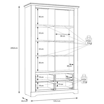 Vitrine 2 portes 2 tiroirs éclairage LED décor blanchi - ANGELE
