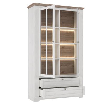 Vitrine 2 portes 2 tiroirs éclairage LED décor blanchi - ANGELE