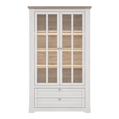 Vitrine 2 portes 2 tiroirs éclairage LED décor blanchi - ANGELE
