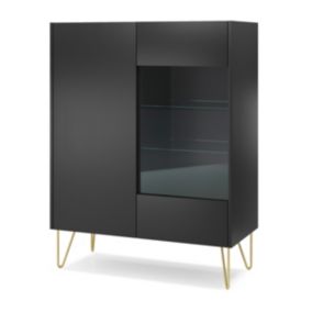 Vitrine : 2 Portes, 5 Étagères, Noir Graphite / Marbre Noir, 97 X 122 X 37 Cm