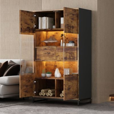 Vitrine 2 Tiroirs, 2 Portes Acryliques à Pression, LED Bluetooth Via Application - MDF - 80x40x138 cm - Noir