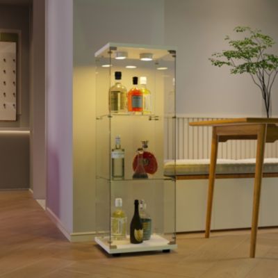 Vitrine 3 Niveaux avec Porte Unique, Verre Trempé Blanc, Éclairage LED Intégré, 42 x 36 x 125 cm