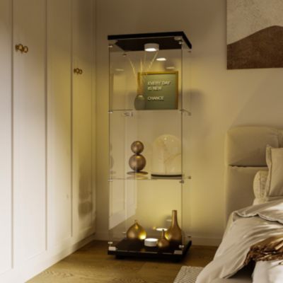 Vitrine 3 Niveaux avec Porte Unique, Verre Trempé Noir, Éclairage LED Intégré, 42 x 36 x 125 cm