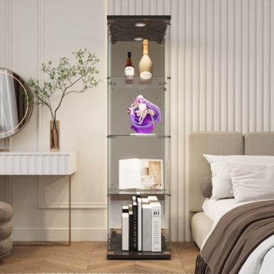 Vitrine à 4 étagères en verre trempé avec finition miroir et LED, Exposition élégante pour salon, chambre ou bureau, Noir