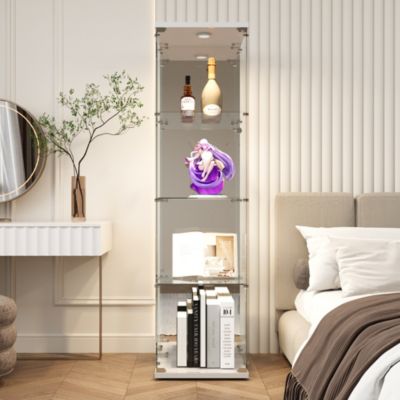 Vitrine à 4 étagères en verre trempé avec finition miroir et LED, Idéale salon, chambre, bureau, exposition et rangemen, Blanc