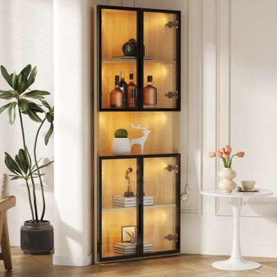 Vitrine 62x32x160 cm - avec éclairage LED - 4 portes en verre trempé - finition chêne - MDF - Naturel