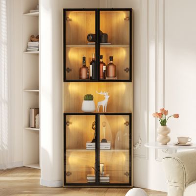 Vitrine 62x32x160 cm - avec éclairage LED - 4 portes en verre trempé - finition chêne - MDF - Naturel