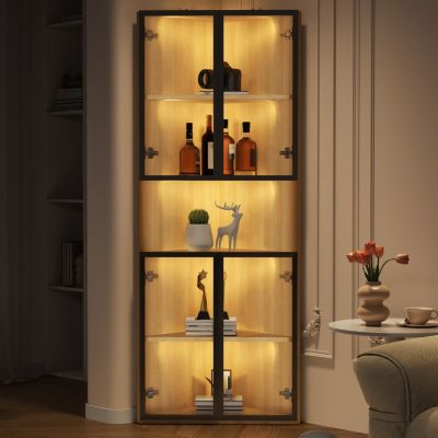 Vitrine 62x32x160 cm - avec éclairage LED - 4 portes en verre trempé - finition chêne - MDF - Naturel