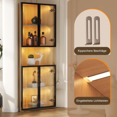 Vitrine 62x32x160 cm - avec éclairage LED - 4 portes en verre trempé - finition chêne - MDF - Naturel