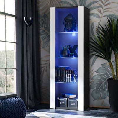 Vitrine Armoire Komodee TIVOLI - LED bleues - Blanc et Noir - 55 x 159 x 35 cm