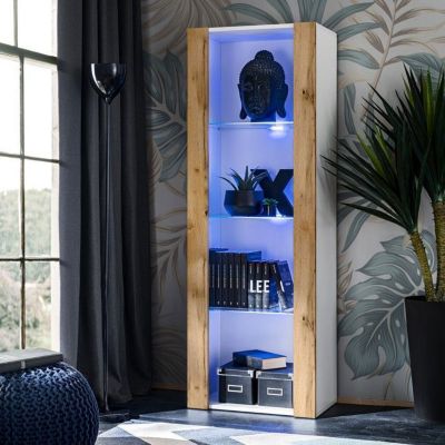 Vitrine Armoire Komodee TIVOLI - LED bleues - Bois naturel et Blanc - 55 x 159 x 35 cm